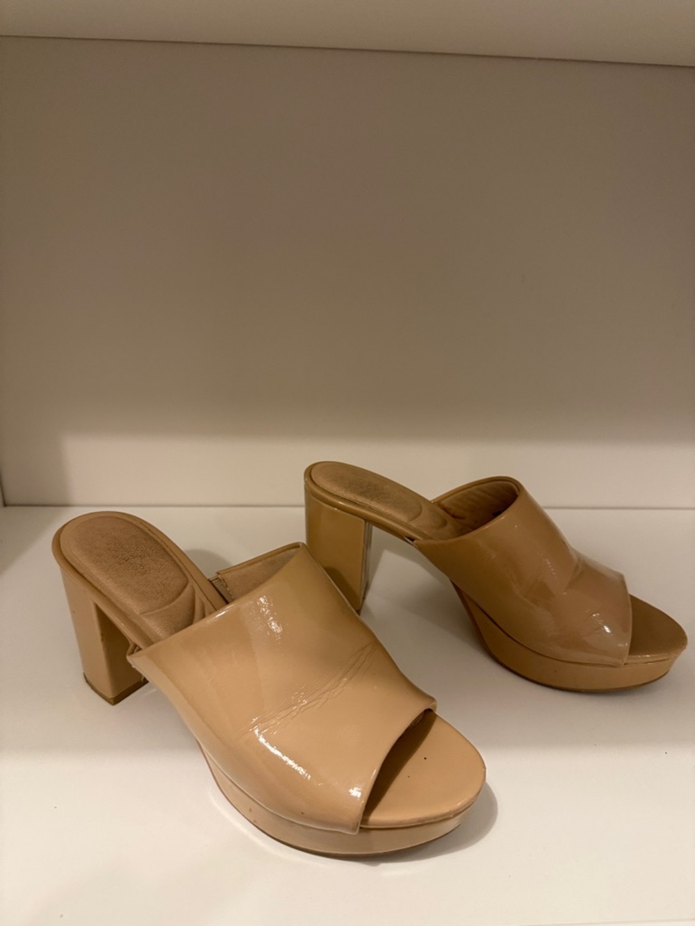 Chinese Laundry Beige Patent Platform Mule Heels
